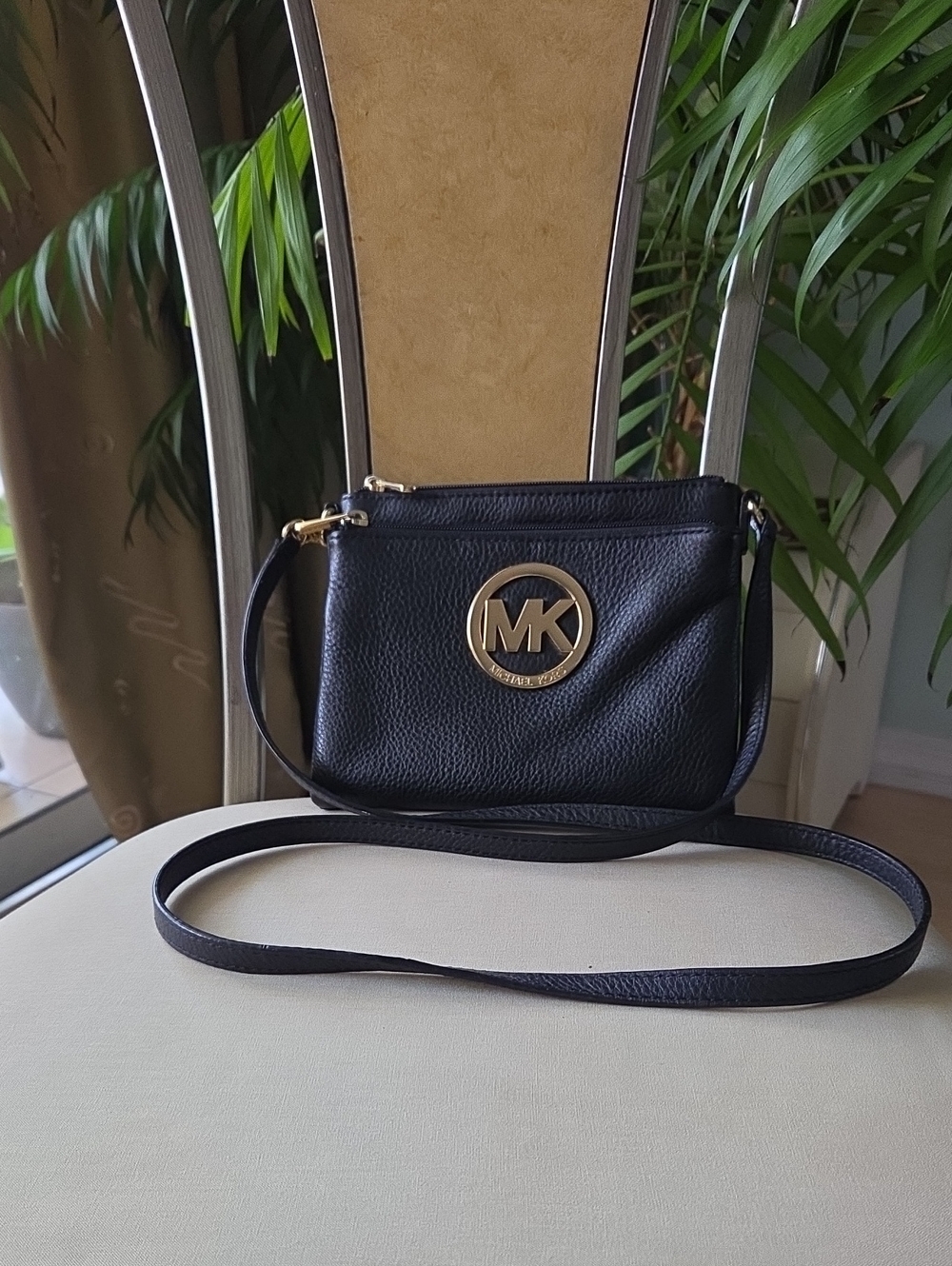 Michael Kors Black Leather Crossbody with Gold MK Logo ❤️